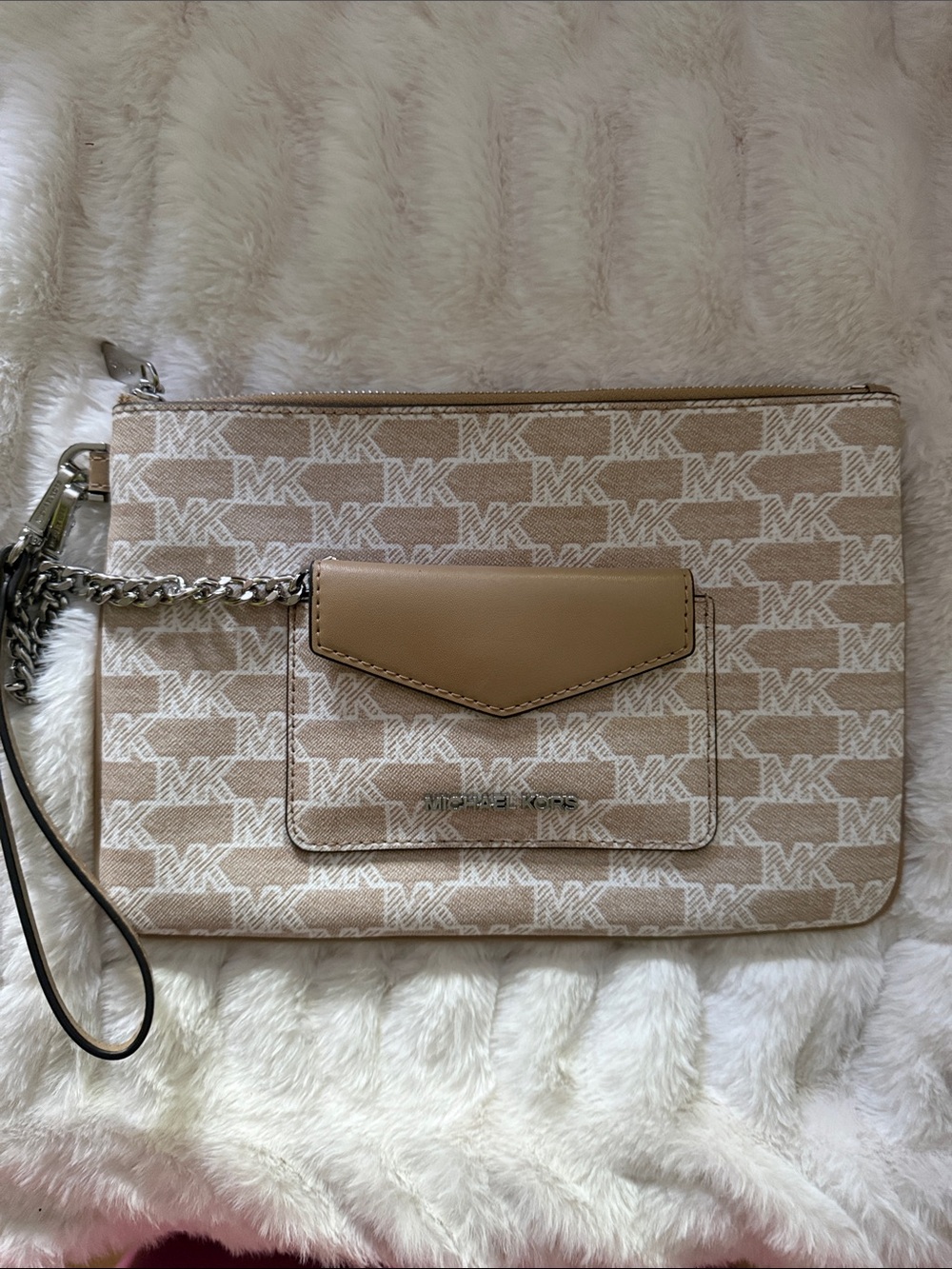 NWOT Tan & Beige Leather Michael Kors Wristlet Clutch 9.5" x 6.5"